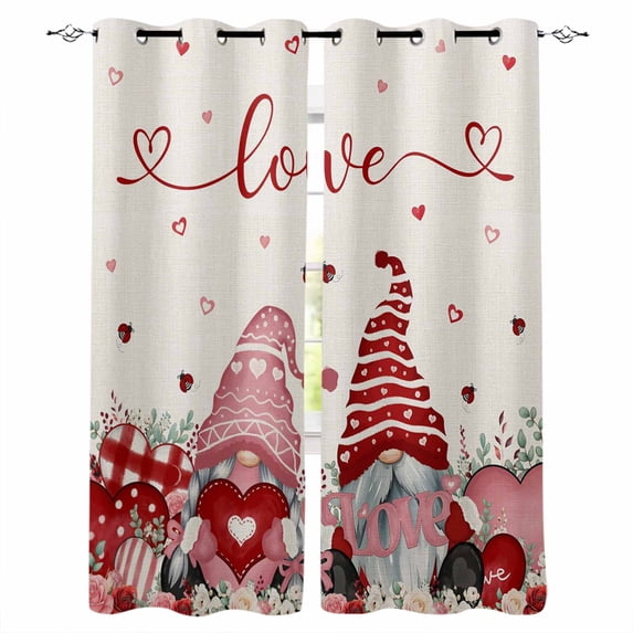 Gnomes Valentines Blackout Curtains for Bedroom/Living Room, Thermal Insulated Kitchen Curtains, Pink Red Love Heart Eucalyptus Rustic Grommet Darkening Window Treatment Drapes 52"x72"x2
