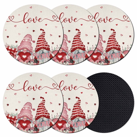 Gnomes Valentines Coasters Set of 6, Absorbent Coasters for Drinks, Pink Red Love Heart Eucalyptus Rustic Coaster for Desk Coffee Table Protection, Home Decor House Warming Gifts 4"