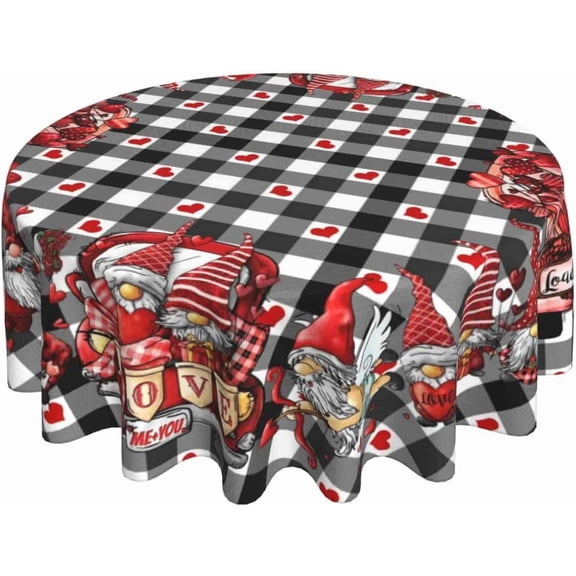 Gnomes Valentines Day Tablecloth Round 60 Inch Black White Buffalo Plaid Red Heart Washable Wrinkle Stain-Resistant Polyester Table Cloth Rustic Valentines Decorations for Party Home Kitchen Dining