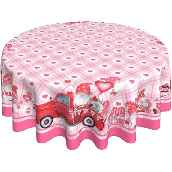 Gnomes Valentines Day Tablecloth Round 60 Inch Pink Buffalo Plaid Check Red Heart Washable Wrinkle Stain-Resistant Polyester Table Cloth Rustic Valentines Decorations for Party Home Kitchen Dining