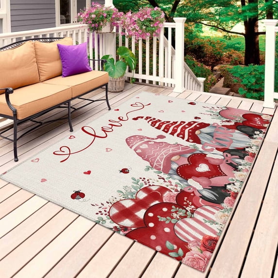 Gnomes Valentines Outdoor Rug 5x8 Ft, Non Slip Washable Area Rug, Pink Red Love Heart Eucalyptus Rustic Patio Rugs Carpet Runner, Large Floor Mat for Indoor/Outdoor Deck Porch Camping
