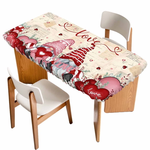 Gnomes Valentines Table Cloths for 3 Foot Rectangle Tables, Pink Red Love Heart Eucalyptus Retro Patio Waterproof Elastic Fitted Tablecloths, Washable Rectangular Table Cover for Camping