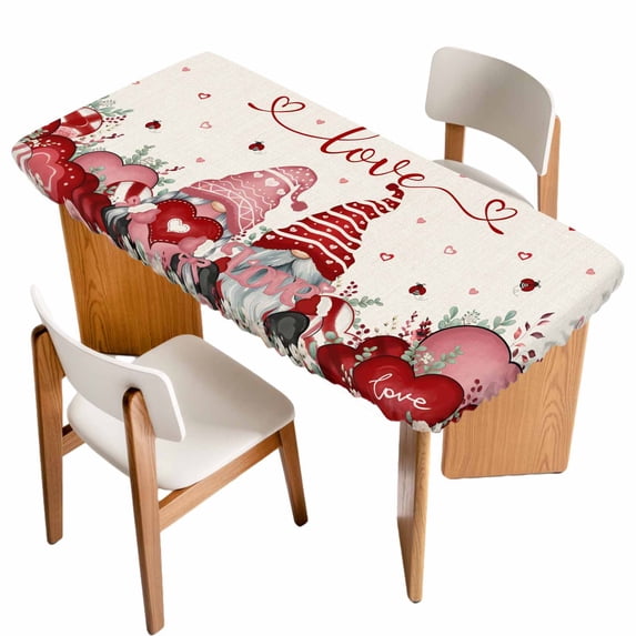 Gnomes Valentines Table Cloths for 3 Foot Rectangle Tables, Pink Red Love Heart Eucalyptus Rustic Patio Waterproof Elastic Fitted Tablecloths, Washable Rectangular Table Cover for Camping