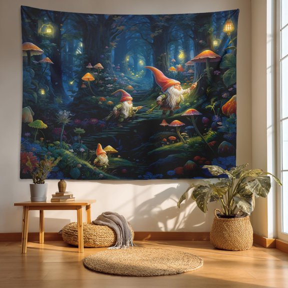 Gnomes Vibrant Tapestry, Gnomes Elves Forest Dreams Nature Wall Art Hanging Decoration Polyester Fiber White Ruffled Around for Dorm Room Bedroom Living Room, 39.1x59.1 inches