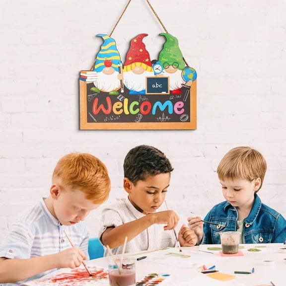 Gnomes Welcome Sign,Wooden Hanging Welcome Sign with Ropes for Classroom Door Seasonal Decoration