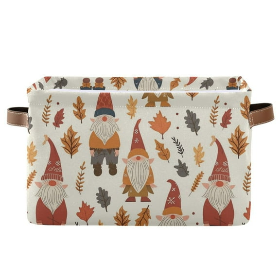 Gnomes and Fall Leaf Storage Bins with Handle Fabric Organizer Basket Foldable Box 1 Pack 14.2x10.2x8.3