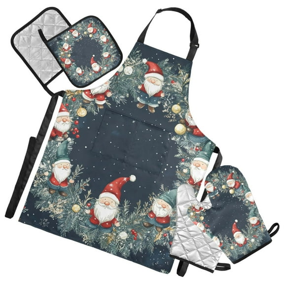 Gnomes in Christmas Wreath Apron Set with Oven Mitts Pot Holders Set of 5 Kitchen Stuff Accessories