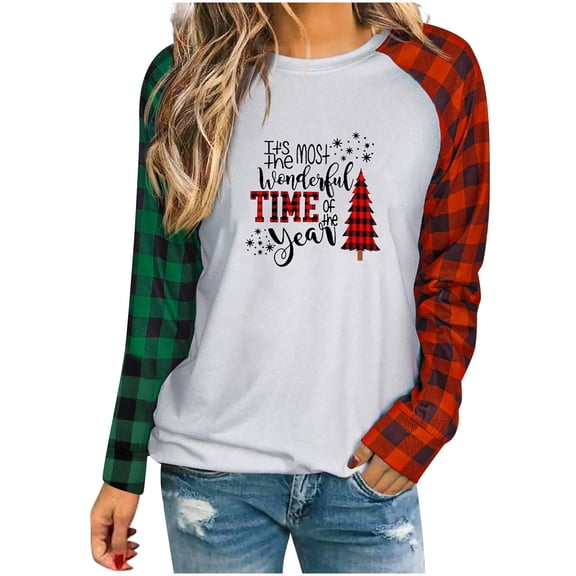 Gnomies Tt's Most Wonderful Time of the Year Shirts for Women Plaid Long Sleeve Christmas Shirts Round Neck Tunic Tops womens sweatshirt