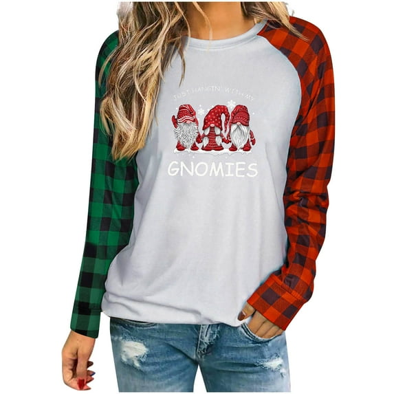 Gnomies Tt's Most Wonderful Time of the Year Shirts for Women Plaid Long Sleeve Christmas Shirts Round Neck Tunic Tops womens clearance sweatshirt