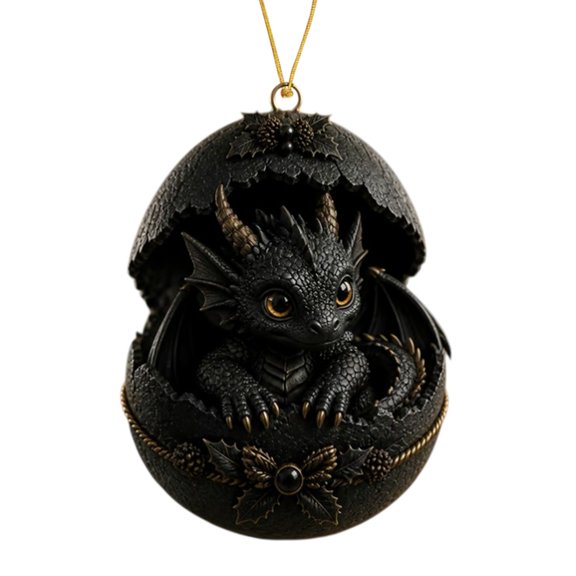 Gnoradne 2D Dragon Egg Christmas Decoration Pendant,Cute Dragon Egg 2D Acrylic Hanging Decoration,Whimsical Dragon Egg Xmas Decoration for Xmas Tree Home Holiday Party Decor,Black