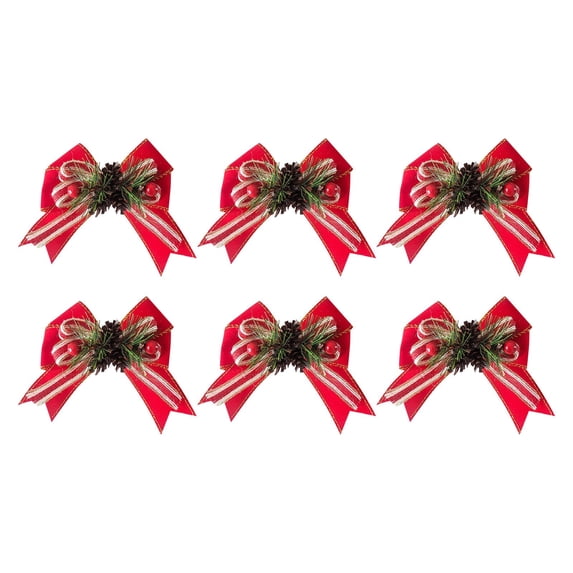 Gnoradne 6Pcs Christmas Bows with Pine Cones Pine Needles,Layered Ribbon Bows for Christmas Wreaths,Christmas Farmhouse Bow,Christmas Bow for Xmas Tree Ornaments Farmhouse Home Decor
