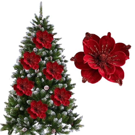 Gnoradne Christmas Simulation Velvet Flower Ornaments,Christmas Artificial Poinsettia Picks Flowers Decorations,Burgundy Flower Christmas Ornaments for Xmas Tree Holiday Home Indoor Outdoor Decor