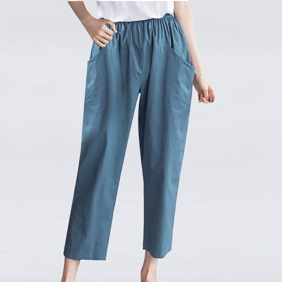 Gnshining Double Pockets Pants for Women Loose Lightweight Solid Color Pants Casual Stretch High Waisted Pants