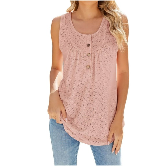 Gnshining Eyelet Embroidery Blouse for Women Sleeveless Button Tank Tops Summer Crew Neck Camisole Solid Color Going Out Tops