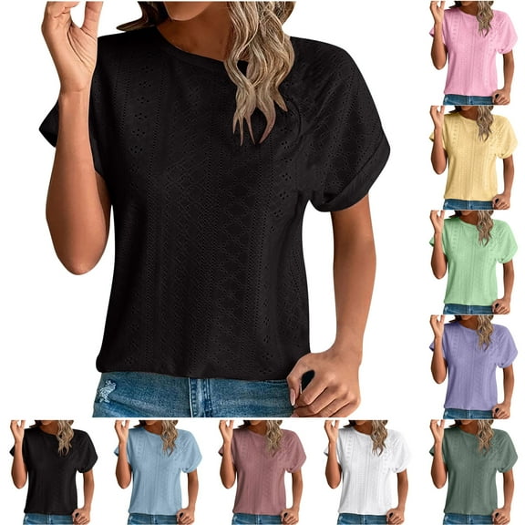 Gnshining Hollowed Knitted Blouse for Women Short Sleeve Breathable Pullovers Loose Solid Color Crew Neck Tunic Tops for Spring and Summer