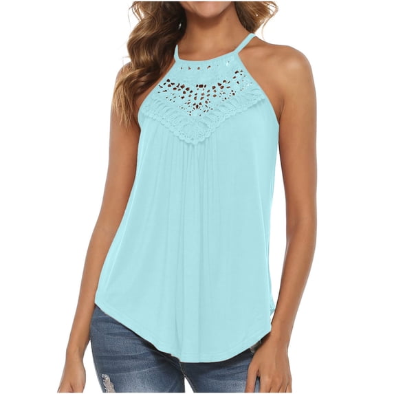 Gnshining Lace Tank Tops for Women Summer Sleeveless Peplum Camisole Solid Color Pleated Blouse Crew Neck Going Out Tops
