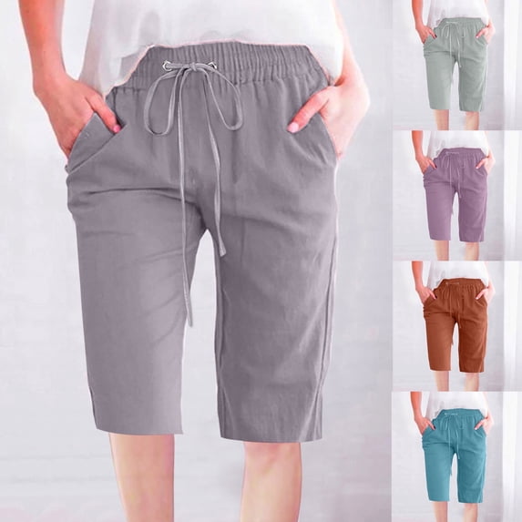 Gnshining Linum Shorts for Women Knee Length High Waisted summer Shorts Loose Solid Color Sweat Shorts Workout Shorts with Pockets