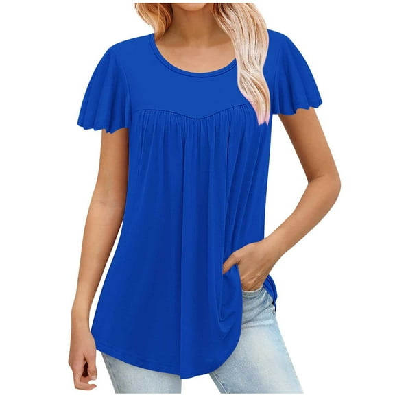 Gnshining Pleated Pullovers Tops for Women for Leggings Loose Leisure 3/4 Sleeve Tunic Tops Crew Neck Sweatshirts Tees Solid Color T-Shirt