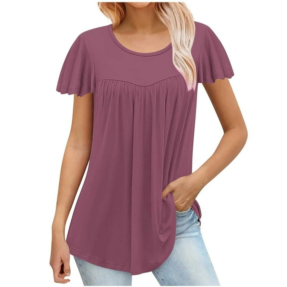 Gnshining Pleated Pullovers Tops for Women for Leggings Loose Leisure 3/4 Sleeve Tunic Tops Crew Neck Sweatshirts Tees Solid Color T-Shirt