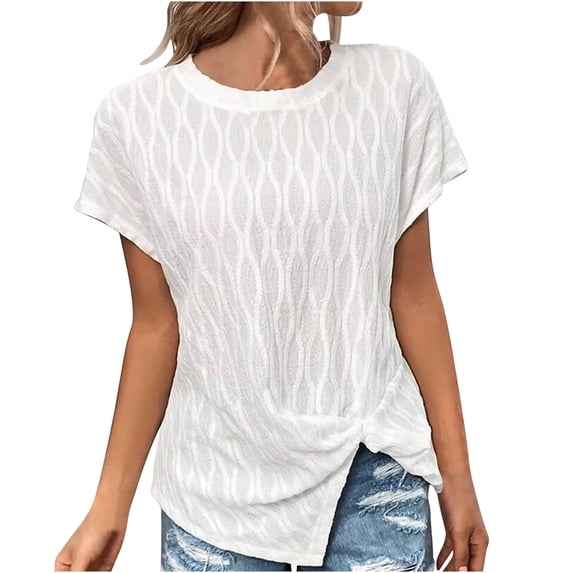 Gnshining Side Split Blouse for Women Summer Short Sleeve Tees Shirts Loose Solid Color Pullovers Crew Neck Tunic Tops