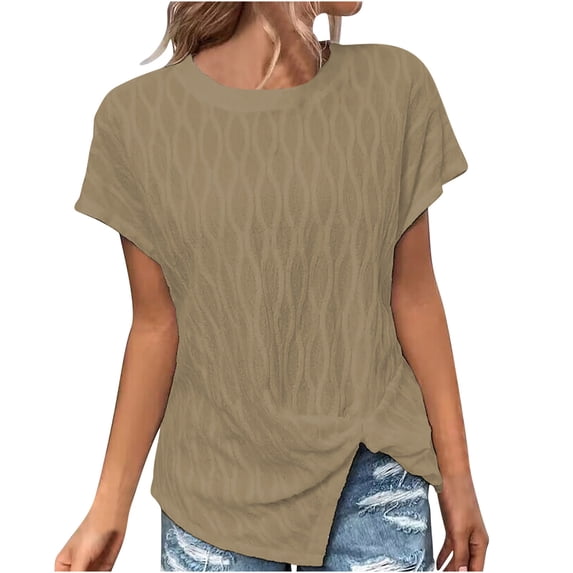 Gnshining Side Split Blouse for Women Summer Short Sleeve Tees Shirts Loose Solid Color Pullovers Crew Neck Tunic Tops