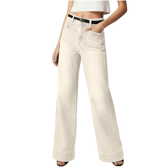 Gnshining Straight Leg Jeans for Women Lightweight Wide Leg Solid Color Pants Casua High Waist Stretch Denim Pants with Pockets