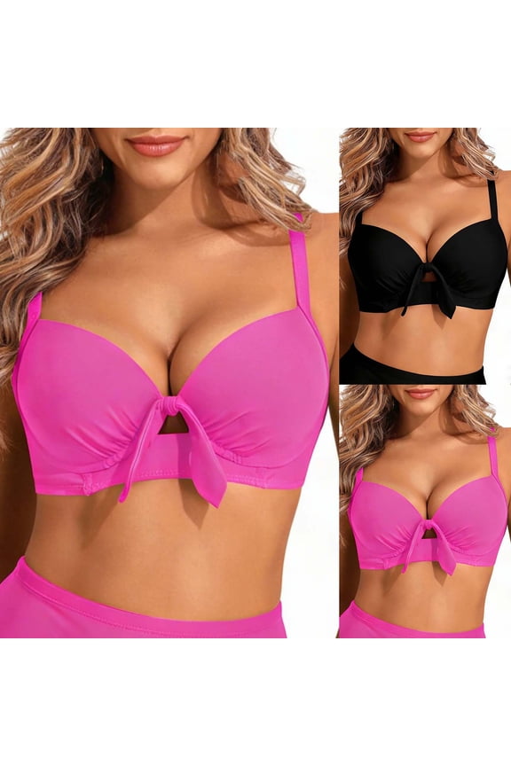 Summer Beachwear Top for Women Pleated Bandeau Swimsuit Strappy Back Swimwear String Bikini Top with Chest Cushion