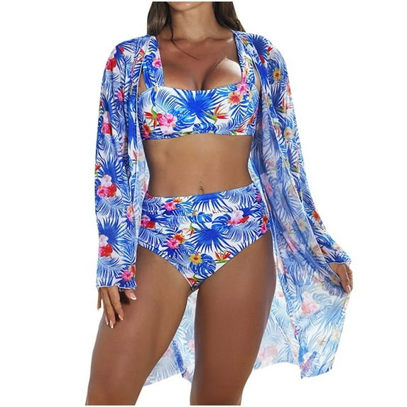 Gnshining Summer Beachwear for Women Print Swimsuit Cardigans Puff Sleeve Swimwear Open Front Outfits 3PC Split Bikini Set