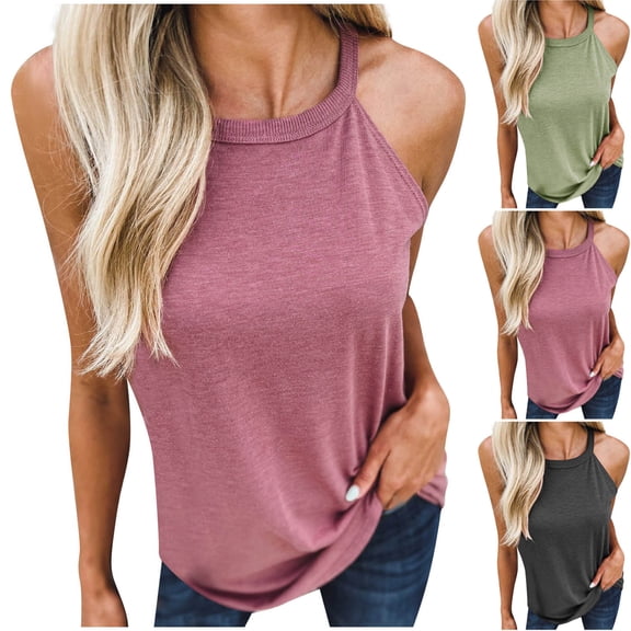 Gnshining Summer Camisole Tops for Women Loose Sleeveless Going Out Tops Elastic Solid Color Block Tank Tops Crew Neck Tunic Pullovers