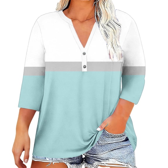 Gnshining Summer Going Out Tops for Women Plus Size Blouse 3/4 Sleeve Tunic Tops V-Neck Sweatshirts Casual T-Shirt