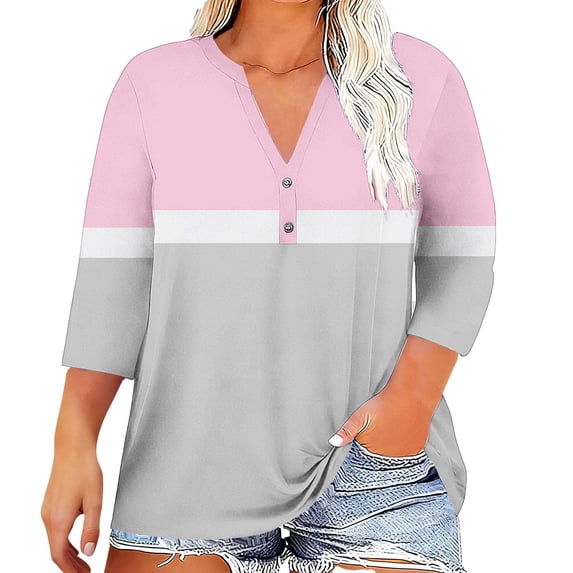 Gnshining Summer Going Out Tops for Women Plus Size Blouse 3/4 Sleeve Tunic Tops V-Neck Sweatshirts Casual T-Shirt