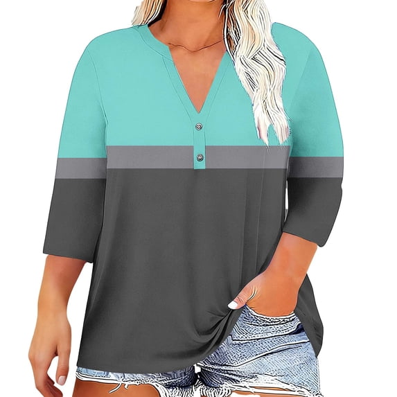 Gnshining Summer Going Out Tops for Women Plus Size Blouse 3/4 Sleeve Tunic Tops V-Neck Sweatshirts Casual T-Shirt