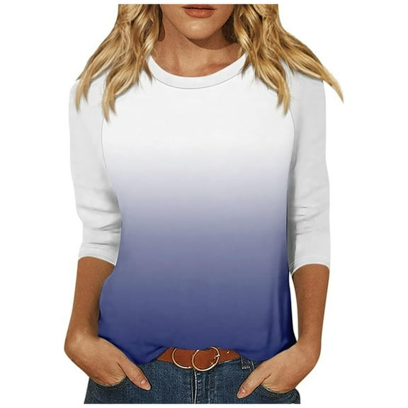 Gnshining Summer Leisure Sweatshirts for Women Casual Solid Color Gradient Pullovers Tees Loose 3/4 Sleeve Tunic Tops Crew Neck T-Shirt