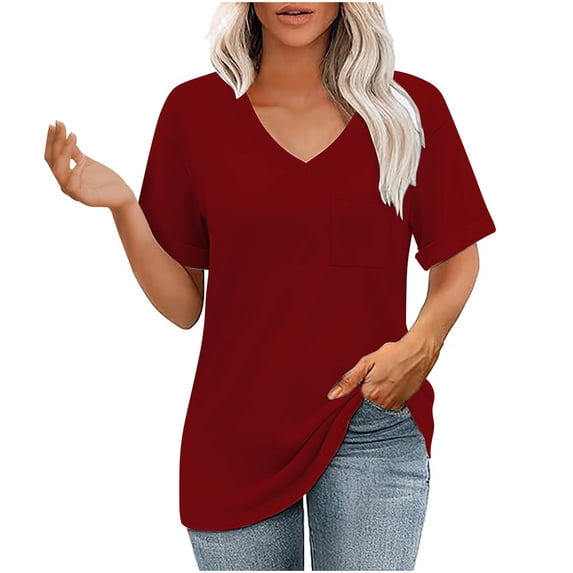 Gnshining Summer Leisure Sweatshirts for Women Loose Short Sleeve Pullovers Solid Color Pullovers V-Neck Tunic Tops with Pocket