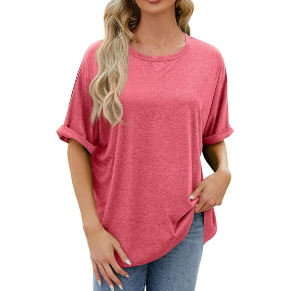 Gnshining Summer Leisure Sweatshirts for Women for Leggings Loose Short Sleeve Tunic Tops Solid Color Crew Neck Pullovers Tees