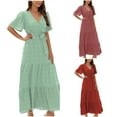 thumbnail image 1 of Gnshining Summer Maxi Dresses for Women Short Sleeve Ruffle Dress Solid Color Beach Dress High Waist Corset Dress V-Neck Going Out Dress, 1 of 4