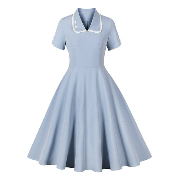 Gnshining Summer Mini Dresses for Women Solid Color Button Dress Crew Neck Wedding Guest Dress Ruffle A-Line Dress Short Sleeve Party Dress Vintage Going Out Dress
