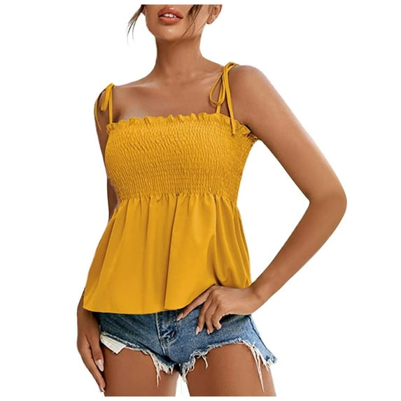 Gnshining Summer Pleated Camisole for Women Soft Solid Color Sleeveless Tunic Pullovers Adjustable Spaghetti Strap Crew Neck Tank Tops