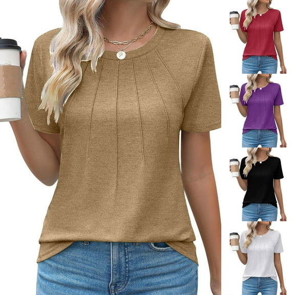 Gnshining Summer Pleated T-Shirt for Women Casual Short Sleeve Sweatshirts Elastic Crew Neck Pullovers Tees Solid Color Tunic Tops