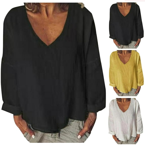 Gnshining Summer Plus Size Pullovers for Women Casual Solid Color Blouse V-Neck Tunic Tops Breathable Long Sleeve Tees Shirts