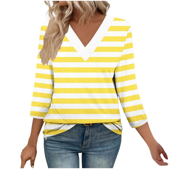 Gnshining Summer Sweatshirts for Women 3/4 Sleeve T-Shirt Print Going Out Tops Loose Tunic Tops V-Neck Casual Pullover Blouse