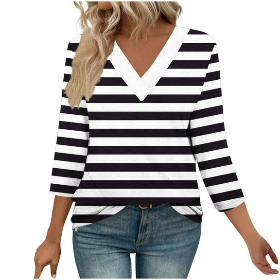 Gnshining Summer Sweatshirts for Women 3/4 Sleeve T-Shirt Print Going Out Tops Loose Tunic Tops V-Neck Casual Pullover Blouse