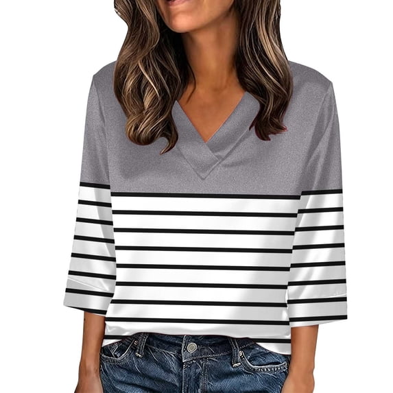 Gnshining Summer T-Shirt for Women Plus Size Pullover Blouse 3/4 Sleeve Casual Tunic Tops Print Going Out Tops V-Neck Sweatshirts