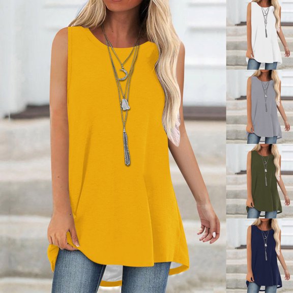 Gnshining Summer Tank Tops for Women for Leggings Sleeveless Going Out Tops Loose Crew Neck Blouse Tunic Shirts