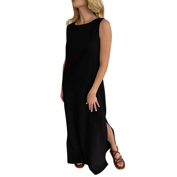 Gnshining Summer Tunic Dress for Women Full Length Sleeveless Dress Casual Solid Color Crew Neck Pullover Long Dress