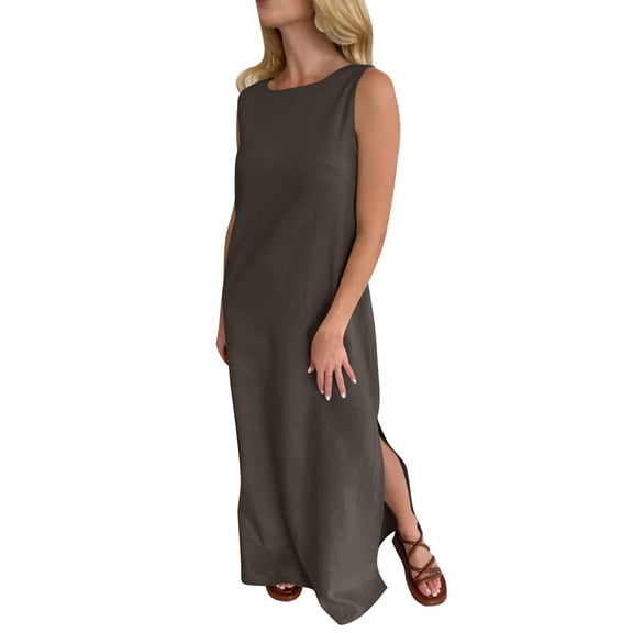 Gnshining Summer Tunic Dress for Women Full Length Sleeveless Dress Casual Solid Color Crew Neck Pullover Long Dress