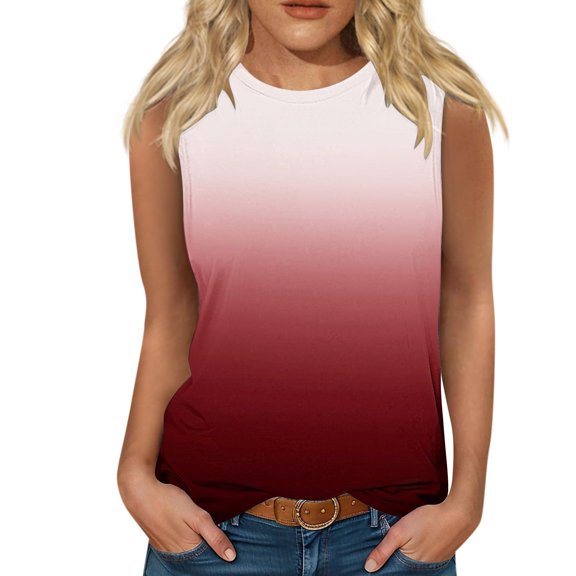 Gnshining Summer Tunic Shirts for Women Solid Color Gradient Camisole Loose Sleeveless Tank Tops Crew Neck Sweatshirts Blouse