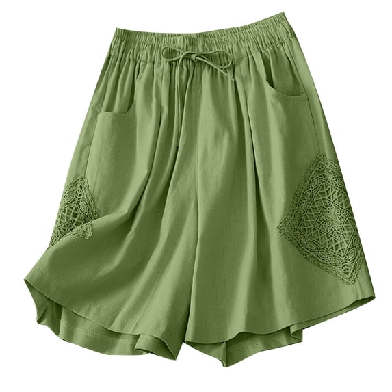 Gnshining Summer Wide Leg Shorts for Women Elastic Waist Shorts Lace Splicing Plus Size Sweat Shorts Solid Color Workout Shorts with Pockets