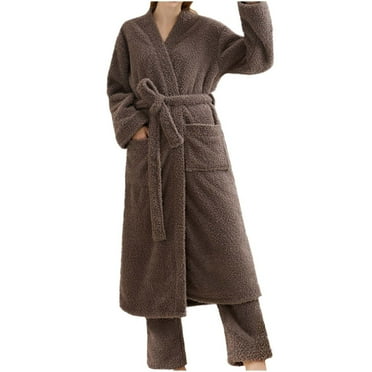 Gnurob 2 Pieces Plush Fleece Robe for Women Men Long Spa Bathrobes Plain Fuzzy Pants Winter Warm Robes Set Unisex Soft Nightgown with Pocket and Belt Clearance Saving,Coffee,XL