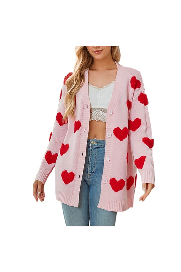 Cardigan Sweaters for Women, Heart Graphic Print Coats Button Down Outwear V Neck Coat Casual Kintted Jacket Long Sleeve Outerwear Mid Long Cardigan Clearance Saving,Pink,X-Large